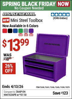 Harbor Freight Coupon U.S. GENERAL MINI STEEL TOOLBOX Lot No. 72438/72436/72431 Expired: 4/12/26 - $13.99