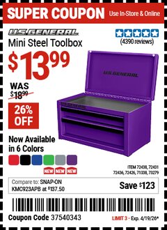Harbor Freight Coupon U.S. GENERAL MINI STEEL TOOLBOX Lot No. 72438/72436/72431 Expired: 4/19/26 - $13.99