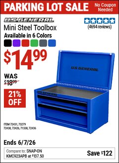 Harbor Freight Coupon U.S. GENERAL MINI STEEL TOOLBOX Lot No. 72438/72436/72431 Valid Thru: 6/7/26 - $14.99