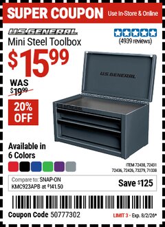 Harbor Freight Coupon U.S. GENERAL MINI STEEL TOOLBOX Lot No. 72438/72436/72431 Valid Thru: 8/2/26 - $15.99