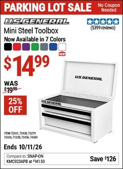 Harbor Freight Coupon U.S. GENERAL MINI STEEL TOOLBOX Lot No. 72438/72436/72431 Expired: 10/11/26 - $14.99