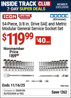 Harbor Freight ITC Coupon ICON 3/8 IN. DRIVE SAE AND METRIC MODULAR GENERAL SERVICE SOCKET SET, 54-PIECE Lot No. 70469 Expired: 11/16/25 - $119.99