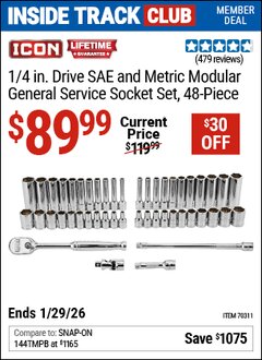 Harbor Freight ITC Coupon ICON 1/4 IN. DRIVE SAE AND METRIC MODULAR GENERAL SERVICE SOCKET SET, 48-PIECE Lot No. 70311 Dates Valid: 12/31/69 - 1/29/26 - $89.99