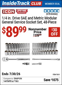 Harbor Freight ITC Coupon ICON 1/4 IN. DRIVE SAE AND METRIC MODULAR GENERAL SERVICE SOCKET SET, 48-PIECE Lot No. 70311 Dates Valid: 12/31/69 - 7/30/26 - $89.99