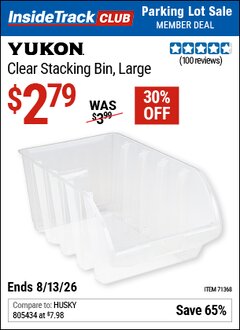 Harbor Freight ITC Coupon YUKON CLEAR STACKING BIN, LARGE Lot No. 71368 Expired: 8/13/26 - $2.79