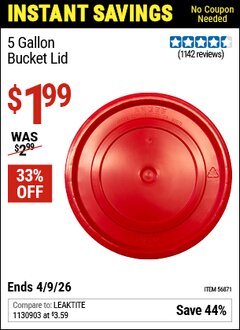 Harbor Freight Coupon HARBOR FREIGHT 5 GALLON BUCKET LID, RED Lot No. 56871 Expired: 4/9/26 - $1.99