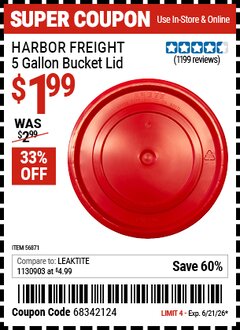 Harbor Freight Coupon HARBOR FREIGHT 5 GALLON BUCKET LID, RED Lot No. 56871 Valid Thru: 6/21/26 - $1.99