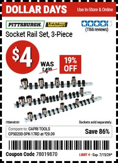 Harbor Freight Coupon PITTSBURGH SOCKET RAIL SET, 3-PIECE Lot No. 68101 Valid Thru: 7/15/26 - $4