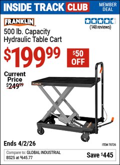 Harbor Freight Coupon FRANKLIN 500 LB. CAPACITY HYDRAULIC TABLE CART Lot No. 70726 Valid: 12/31/69 - 4/2/26 - $199.99