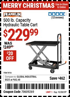 Harbor Freight Coupon FRANKLIN 500 LB. CAPACITY HYDRAULIC TABLE CART Lot No. 70726 Expired: 12/28/25 - $229.99