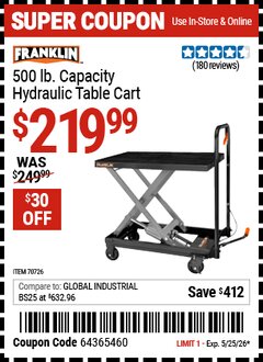 Harbor Freight Coupon FRANKLIN 500 LB. CAPACITY HYDRAULIC TABLE CART Lot No. 70726 Expired: 5/25/26 - $219.99