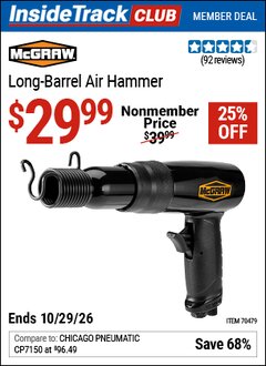 Harbor Freight ITC Coupon MCGRAW LONG-BARREL AIR HAMMER Lot No. 70479 Dates Valid: 12/31/69 - 10/29/26 - $29.99