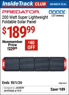 Harbor Freight Coupon PREDATOR 200 WATT SUPER LIGHTWEIGHT FOLDABLE SOLAR PANEL Lot No. 70477 Valid: 12/31/69 - 10/1/26 - $189.99