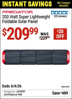 Harbor Freight Coupon PREDATOR 200 WATT SUPER LIGHTWEIGHT FOLDABLE SOLAR PANEL Lot No. 70477 Valid Thru: 6/4/26 - $209.99