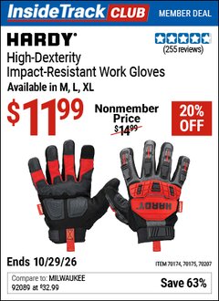 Harbor Freight ITC Coupon HARDY HIGH-DEXTERITY IMPACT-RESISTANT WORK GLOVES Lot No. 70174/70175/70207 Dates Valid: 12/31/69 - 10/29/26 - $11.99