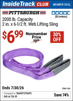 Harbor Freight ITC Coupon PITTSBURGH 2 IN. X 6-1/2 FT., 2000 LB. CAPACITY WEB LIFTING SLING, PURPLE Lot No. 71451 Dates Valid: 12/31/69 - 7/30/26 - $6.99