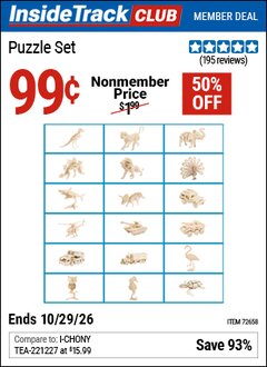 Harbor Freight ITC Coupon ROBOTIME PUZZLE SET Lot No. 72658 Dates Valid: 12/31/69 - 10/29/26 - $0.99