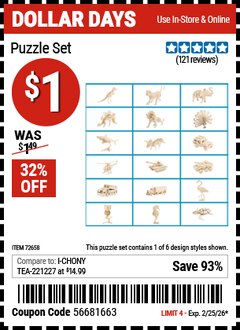 Harbor Freight Coupon ROBOTIME PUZZLE SET Lot No. 72658 Valid Thru: 2/25/26 - $1