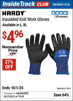 Harbor Freight Coupon HARDY INSULATED KNIT WORK GLOVES Lot No. 70273/70274 Valid: 12/31/69 - 10/1/26 - $4.96