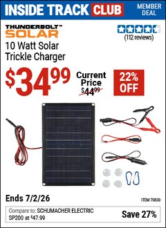 Harbor Freight Coupon THUNDERBOLT SOLAR 10 WATT SOLAR TRICKLE CHARGER Lot No. 70830 Valid: 12/31/69 - 7/2/26 - $34.99