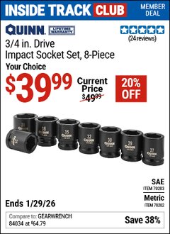 Harbor Freight ITC Coupon QUINN 3/4 IN. DRIVE IMPACT SOCKET SET, 8-PIECE Lot No. 70203/70202 Dates Valid: 12/31/69 - 1/29/26 - $39.99