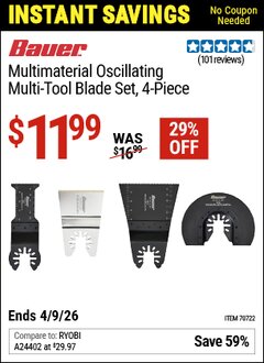 Harbor Freight Coupon BAUER MULTIMATERIAL OSCILLATING MULTI-TOOL BLADE SET, 4-PIECE Lot No. 70722 Valid Thru: 4/9/26 - $11.99