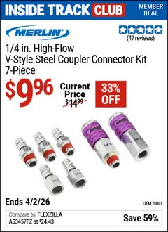 Harbor Freight Coupon MERLIN 1/4 IN. HIGH-FLOW V-STYLE STEEL COUPLER CONNECTOR KIT, 7-PIECE Lot No. 70801 Valid: 12/31/69 - 4/2/26 - $9.96