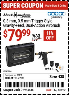 Harbor Freight Coupon BLACK WIDOW BY SPECTRUM TRIGGER-STYLE, GRAVITY-FEED, DUAL-ACTION AIRBRUSH Lot No. 59584 Valid Thru: 9/13/26 - $79.99