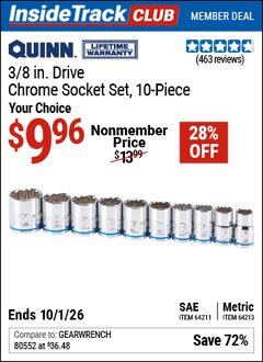 Harbor Freight Coupon QUINN 3/8 IN. DRIVE CHROME SOCKET SET, 10-PIECE Lot No. 64211/64213 Valid: 12/31/69 - 10/1/26 - $9.96
