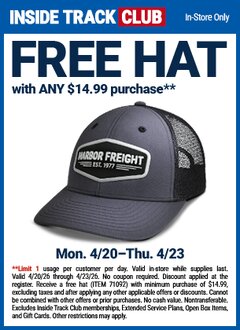 Harbor Freight Free Coupon HARBOR FREIGHT HAT Lot No. 71029 Valid Thru: 4/23/26 - FWP