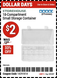 Harbor Freight Coupon STOREHOUSE 18-COMPARTMENT SMALL STORAGE CONTAINER Lot No. 94456 EXPIRES: 9/9/26 - $2