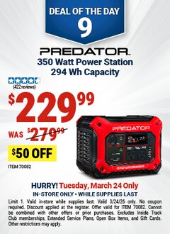 Harbor Freight Coupon PREDATOR 350 WATT POWER STATION, 294 WH CAPACITY Lot No. 70082 Expired: 3/24/26 - $229.99