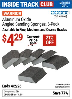 Harbor Freight Coupon WARRIOR ALUMINUM OXIDE ANGLED SANDING SPONGES Lot No. 63916/90312/63913/63914 Valid: 12/31/69 - 4/2/26 - $4.29