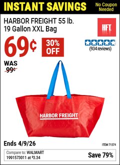 Harbor Freight Coupon HARBOR FREIGHT 55 LB., 19 GALLON XXL BAG Lot No. 71374 Expired: 4/9/26 - $0.69
