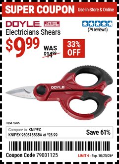 Harbor Freight Coupon DOYLE ELECTRICIANS SHEARS Lot No. 70495 EXPIRES: 10/25/26 - $9.99