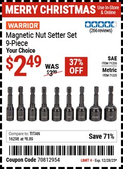 Harbor Freight Coupon WARRIOR MAGNETIC NUT SETTER SET, 9-PIECE Lot No. 71225/71226 Expired: 12/28/25 - $2.49