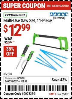 Harbor Freight Coupon PITTSBURGH MULTI-USE SAW SET, 11-PIECE Lot No. 71277 Valid Thru: 7/5/26 - $12.99