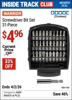 Harbor Freight Coupon WARRIOR SCREWDRIVER BIT SET, 31-PIECE Lot No. 71087 Valid: 12/31/69 - 4/2/26 - $4.96