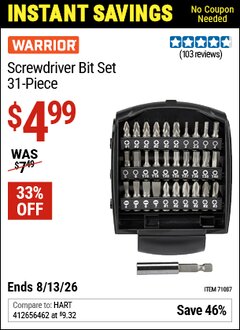 Harbor Freight Coupon WARRIOR SCREWDRIVER BIT SET, 31-PIECE Lot No. 71087 Expired: 6/13/26 - $4.99