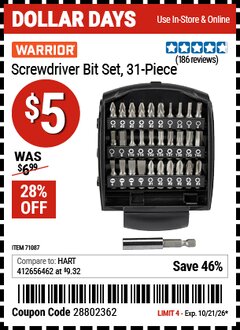 Harbor Freight Coupon WARRIOR SCREWDRIVER BIT SET, 31-PIECE Lot No. 71087 EXPIRES: 10/21/26 - $5