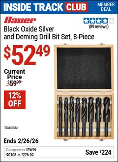 Harbor Freight ITC Coupon BAUER BLACK OXIDE SILVER AND DEMING DRILL BIT SET, 8-PIECE Lot No. 59552 Dates Valid: 12/31/69 - 2/26/26 - $52.49