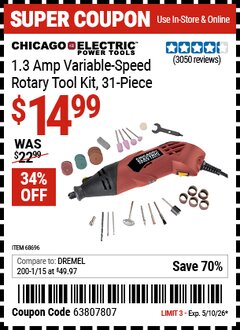 Harbor Freight Coupon CHICAGO ELECTRIC POWER TOOLS 1.3 AMP VARIABLE-SPEED ROTARY TOOL KIT, 31-PIECE Lot No. 68696 Expired: 5/10/26 - $14.99