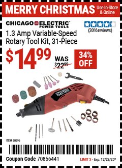 Harbor Freight Coupon CHICAGO ELECTRIC POWER TOOLS 1.3 AMP VARIABLE-SPEED ROTARY TOOL KIT, 31-PIECE Lot No. 68696 Expired: 12/28/25 - $14.99