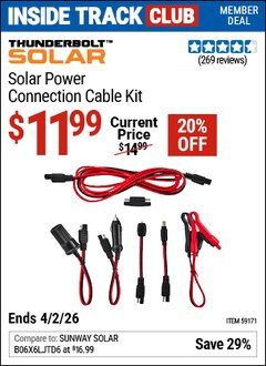 Harbor Freight Coupon THUNDERBOLT SOLAR SOLAR POWER CONNECTION CABLE KIT Lot No. 59171 Valid: 12/31/69 - 4/2/26 - $11.99