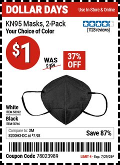 Harbor Freight Coupon KN95 MASKS, 2-PACK Lot No. 58392/58746 Valid Thru: 7/29/26 - $1