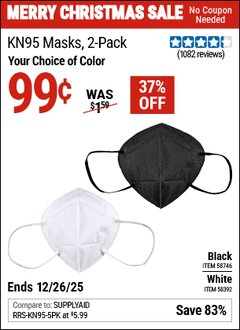 Harbor Freight Coupon KN95 MASKS, 2-PACK Lot No. 58392/58746 Expired: 12/26/25 - $0.99