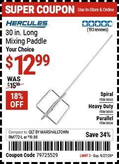 Harbor Freight Coupon HERCULES 30 IN. LONG MIXING PADDLE Lot No. 58333/58335/58336 Expired: 9/27/26 - $12.99