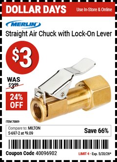 Harbor Freight Coupon MERLIN STRAIGHT AIR CHUCK WITH LOCK-ON LEVER Lot No. 70809 Expired: 5/20/26 - $3