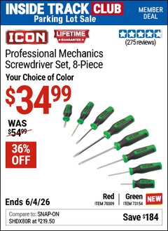 Harbor Freight ITC Coupon ICON PROFESSIONAL MECHANICS SCREWDRIVER SET, 8-PIECE Lot No. 70309/73154 Expired: 6/4/26 - $34.99