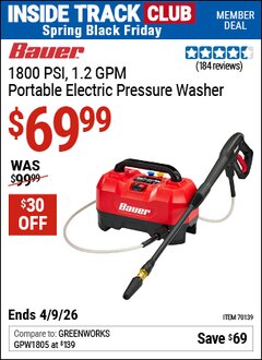 Harbor Freight ITC Coupon BAUER 1800 PSI, 1.2 GPM PORTABLE ELECTRIC PRESSURE WASHER Lot No. 70139 Expired: 4/9/26 - $69.99